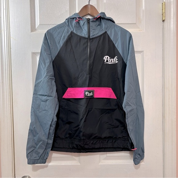 PINK Victoria's Secret Windbreaker Quarter Zip Pullover Jacket Black Pink Small - Picture 1 of 5